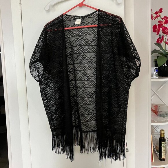 Double Take Tops - Black Lace with Fringe Coverup Top Size L EUC